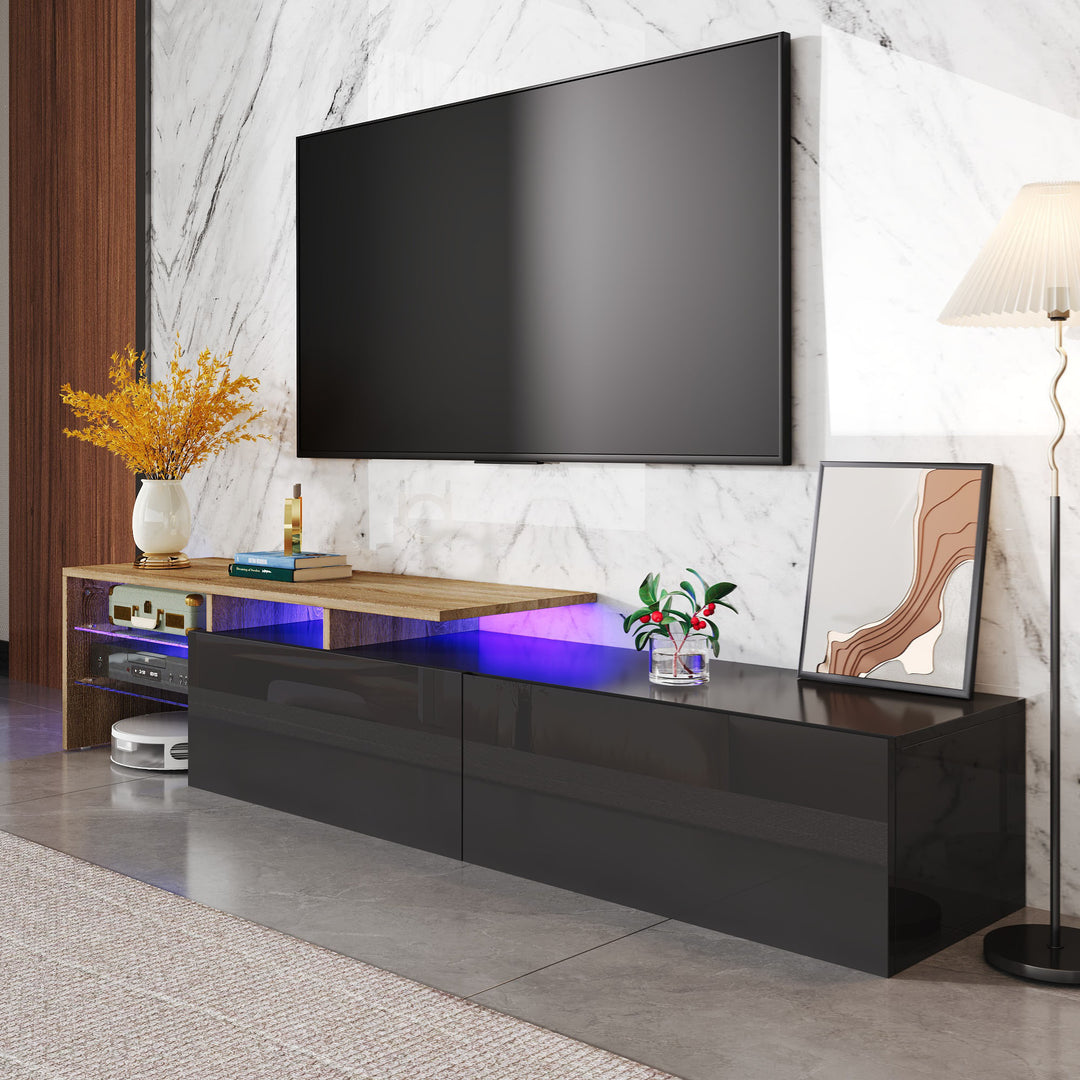 Modern black high gloss TV cabinet with glass shelves and LED lighting KETTLEHOLE