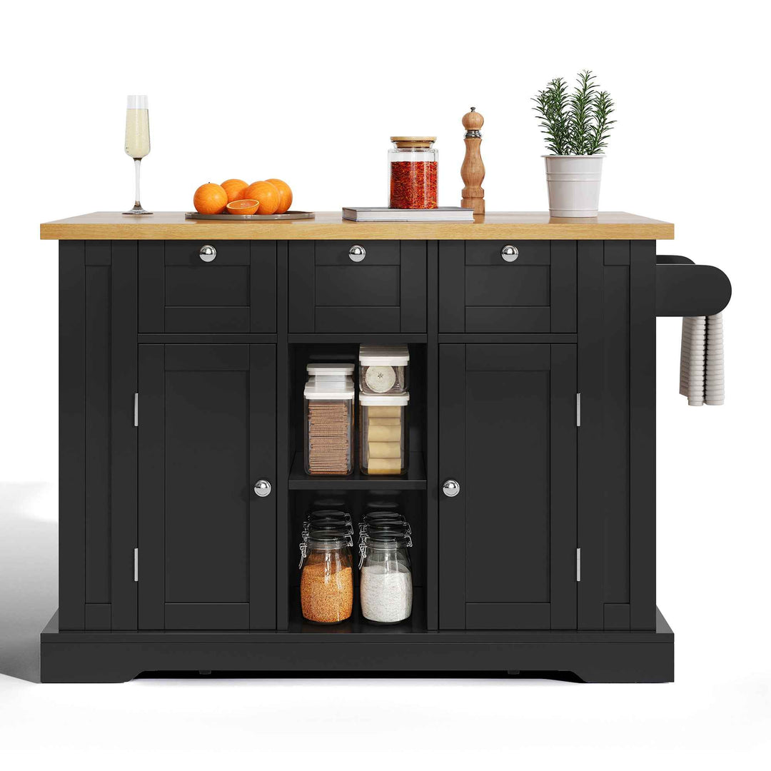 00+Kitchen Island on Wheels 132cm, Foldable Drop Leaf, MDF, Natural+Black, 3 Drawers, Spice Rack, Towel Holder, Charging Station VERTEXKORR