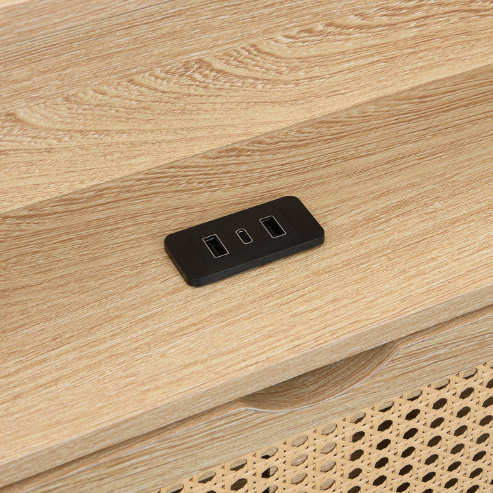 Wooden double bed with headboard storage, rattan drawer and LED lighting (135×190cm) HYDATHOD