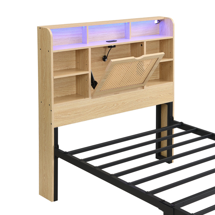 Wooden single bed with headboard storage, rattan drawer and LED lighting (90×190cm) GALLAPHID