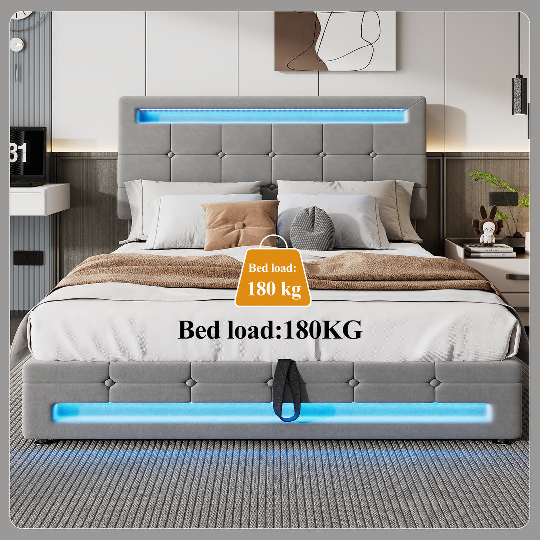 Grey velvet upholstered ottoman double bed with LED lighting (135x190cm) ANHYDROBIO