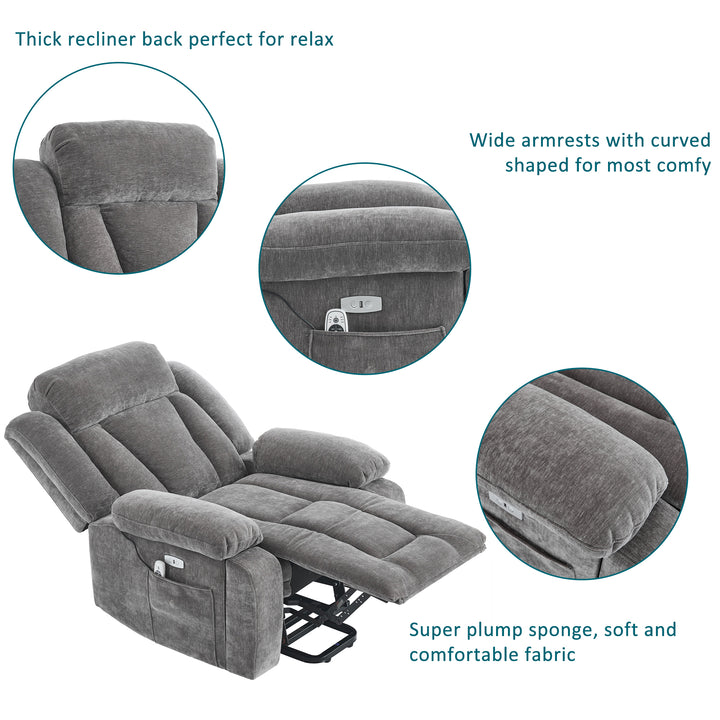 Electric lift up fabric grey large recliner with massage and heat MAGNETICFLUX