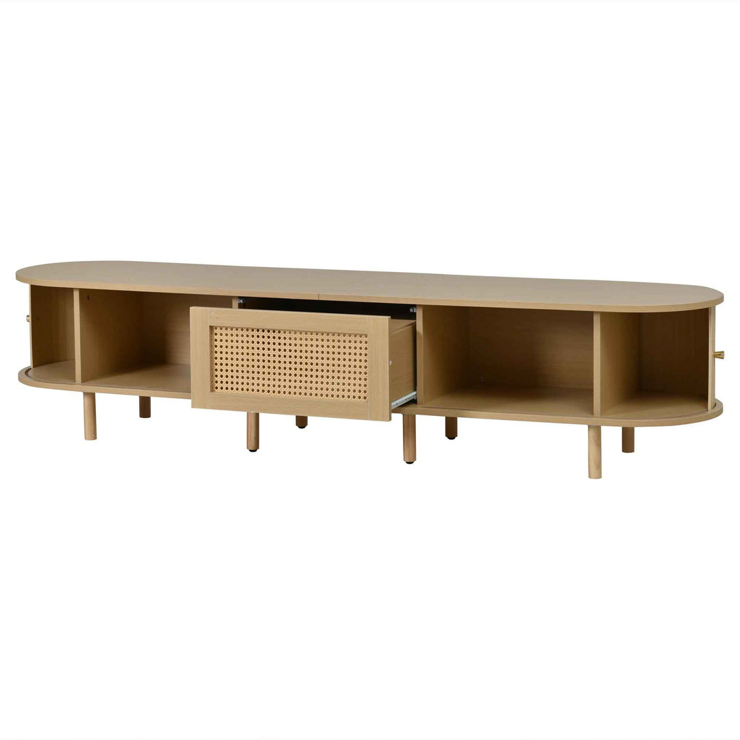 TV stand light wood 1 rattan drawer & 2 sliding doors, rounded corners 180cm