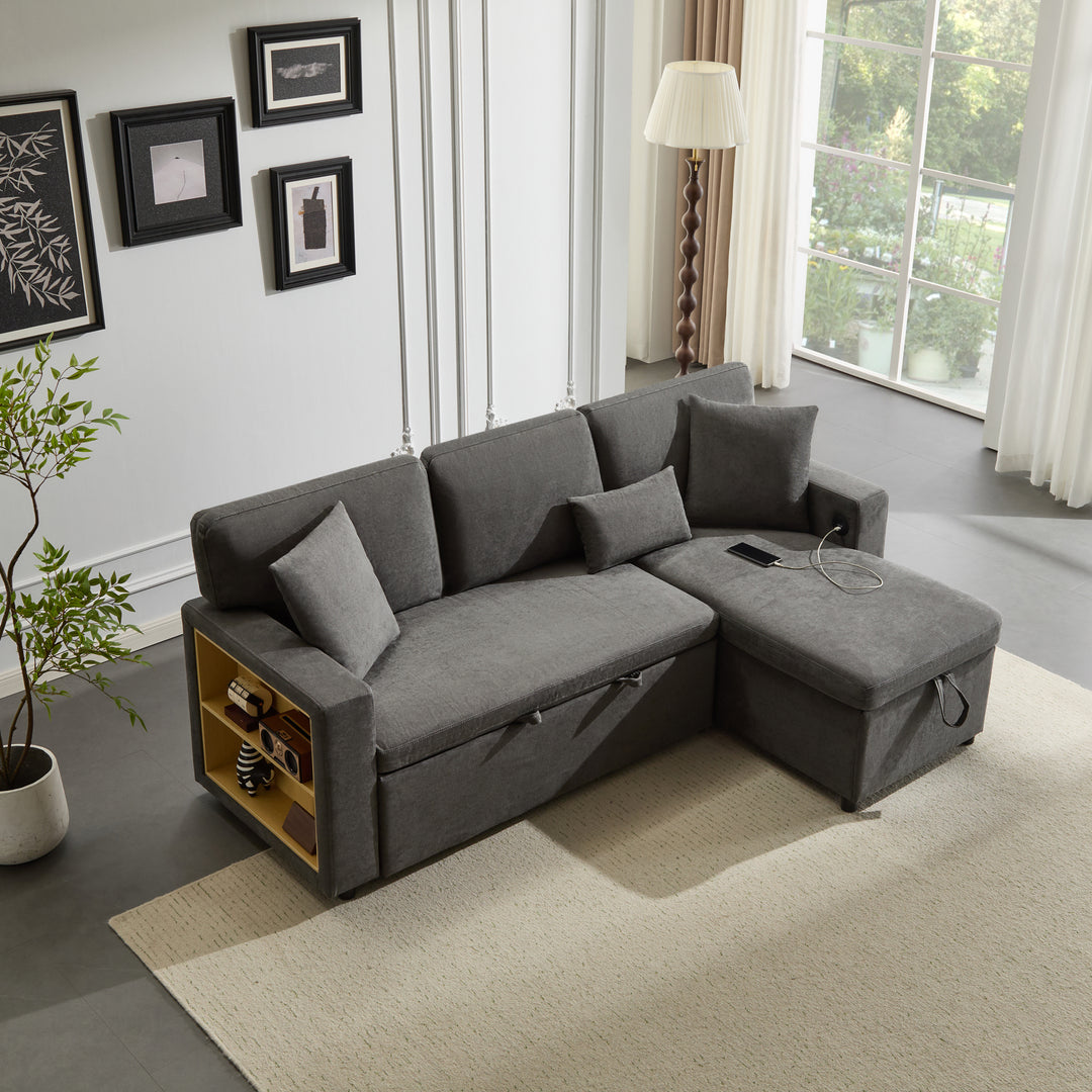 Grey L-shaped corner sofa bed, side shelf with integrated USB and storage VOLATILGAS