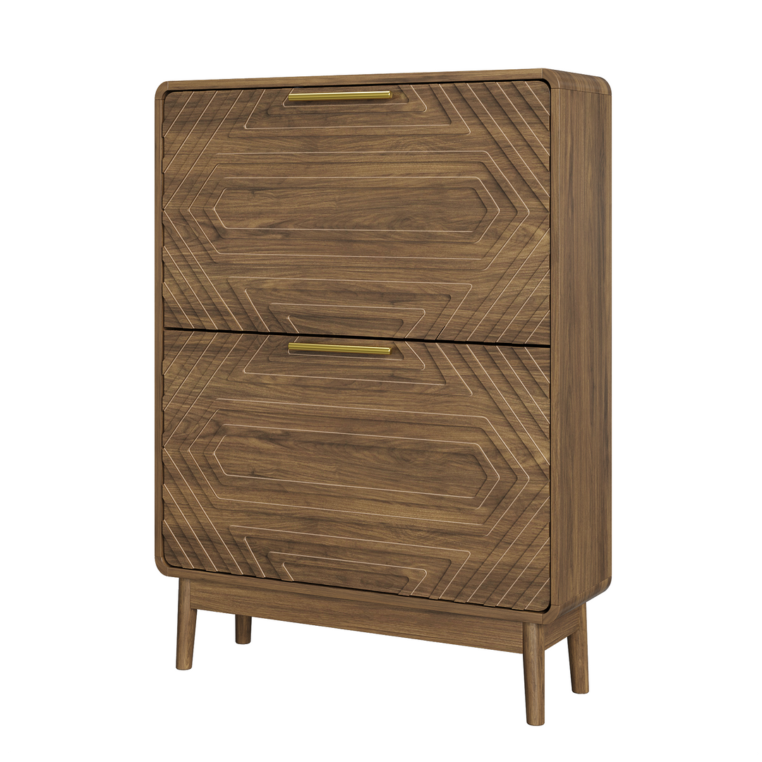 Walnut Shoe Cabinet with 2 Flip-Down Drawers, Slim Storage 60cm WOODELITE