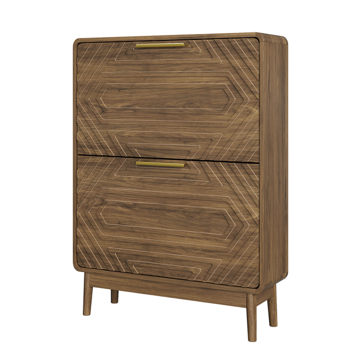 Walnut Shoe Cabinet with 2 Flip-Down Drawers, Slim Storage 60cm WOODELITE