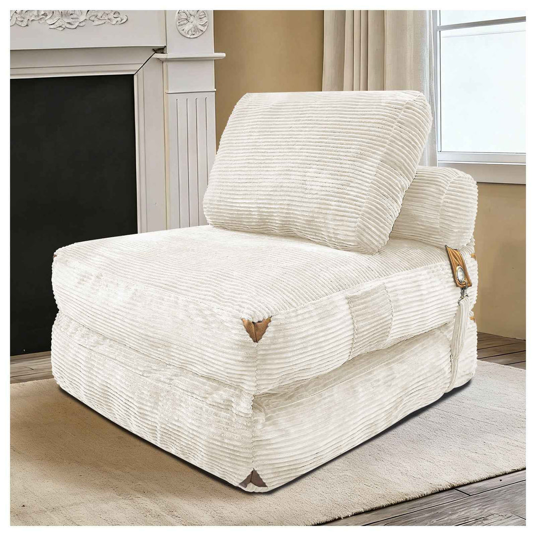 3 in 1 Convertible Corduroy Floor Sofa Bed White, Oversized Fold Out Chaise Lounge with High Density Sponge, Side Pockets, Non-Slip Base, No Assembly, Space Saving for Bedroom Dorm Gaming Napping