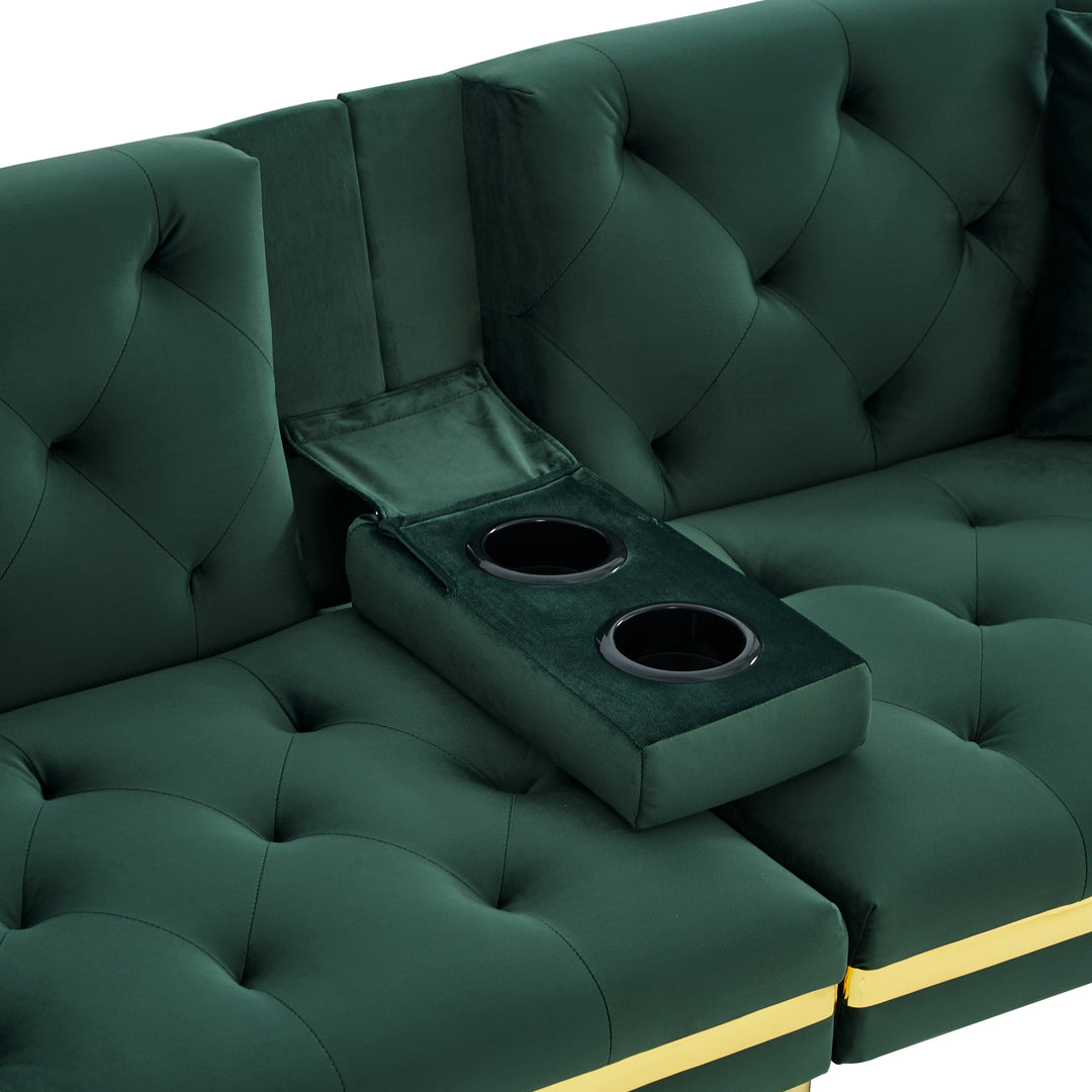 Green tufted velvet 2-seater sofa bed with adjustable backrest and hidden cup holders golden accent HYDROPON
