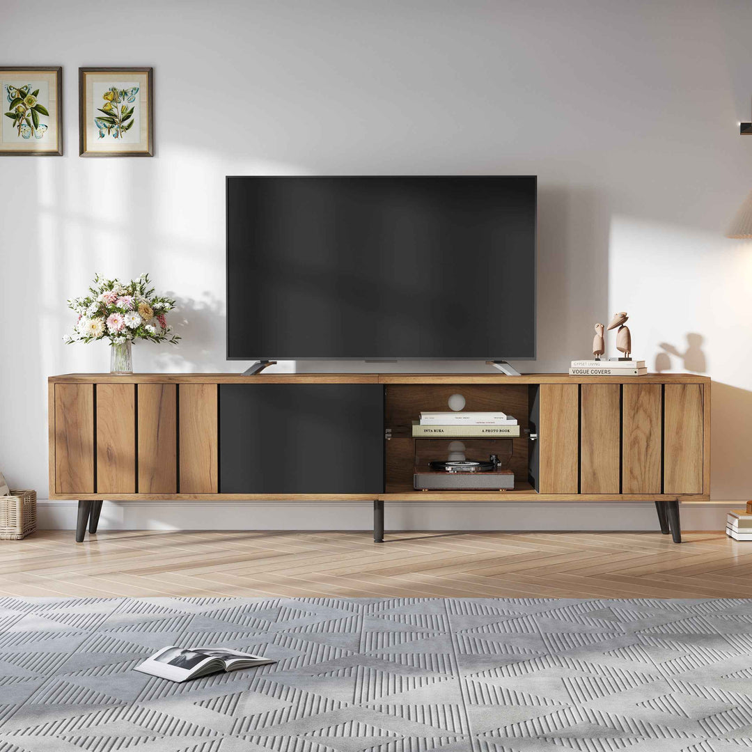 TV stand cabinet wood look & black, 3 doors glass shelf FLAREKRYOS