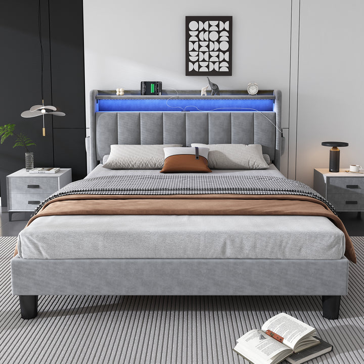 Upholstered velvet grey double bed with storage headboard, LED lighting and charging ports 135x190cm FIRNSNOW UK