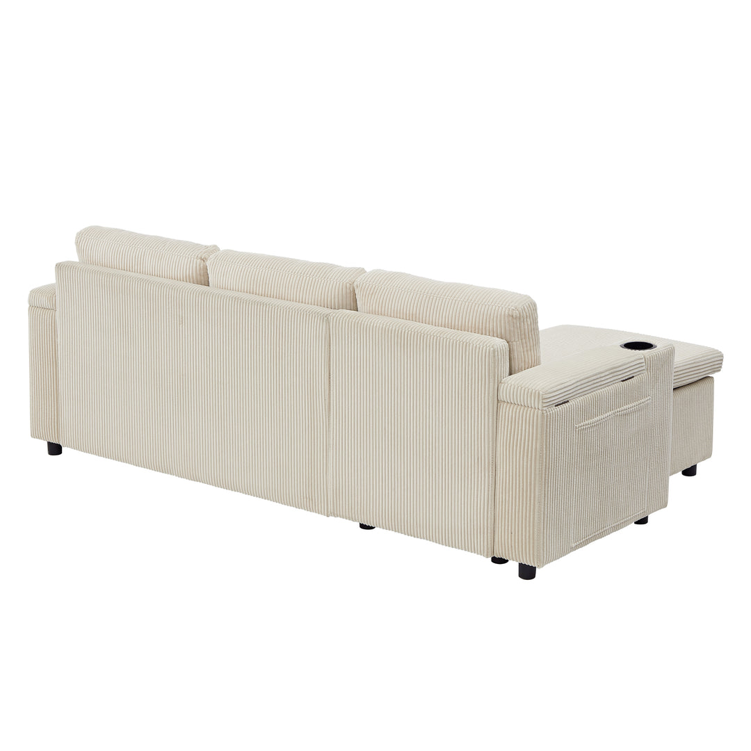 Beige corduroy 3-seater sofa bed trundle bed with storage and USB ports SPELEOTHEM UK