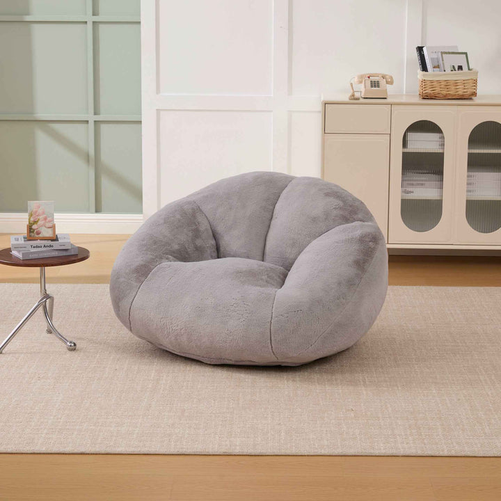 Lazy chair shell shaped sofa light grey faux fur, memory foam bean bag chair removable cover