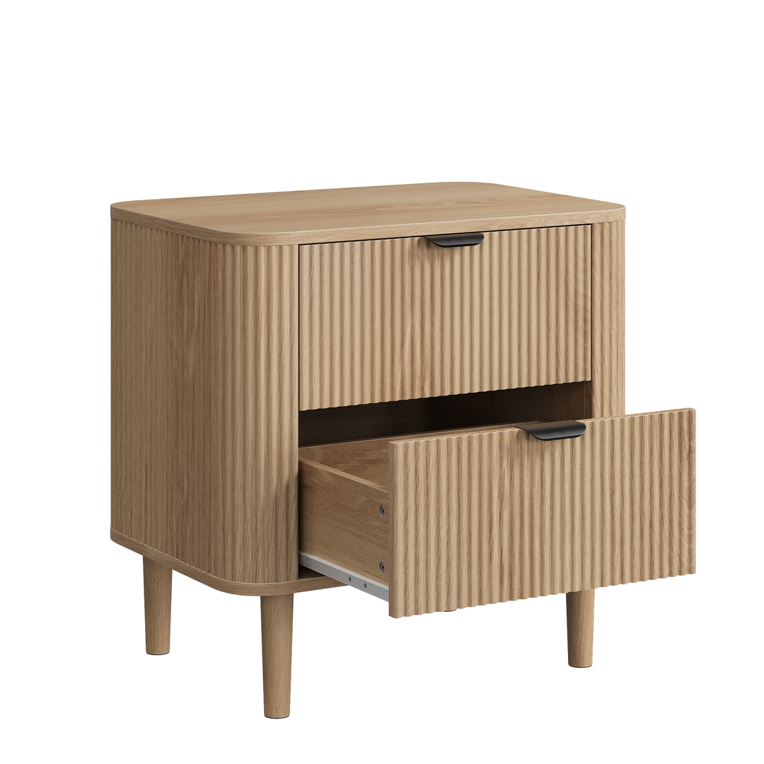 00+Nightstand Bedside Table Oak with Fluted 2-Drawer Storage for Bedroom WOODLINE