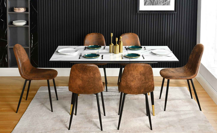 Dining Chair Set of 6, Suede Upholstery, Brown, Space-Saving Stackable Design, Metal Legs, Modern Style for Kitchen or Garden