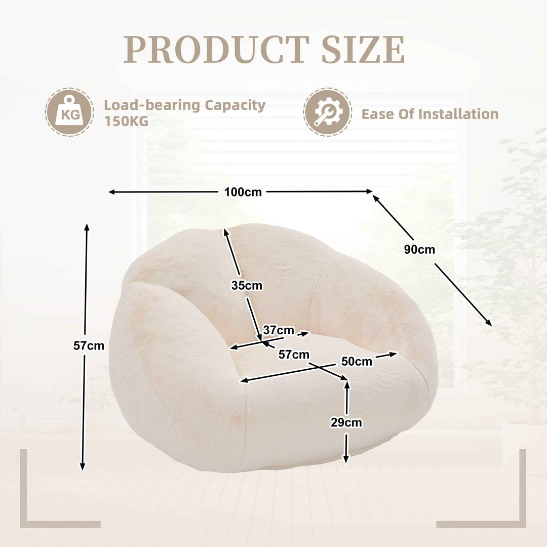 Lazy chair shell shaped sofa beige faux fur, memory foam bean bag chair removable cover