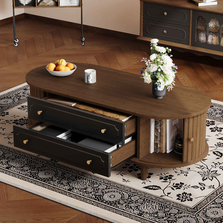 Coffee Table 100x50x36cm Walnut Wood Finish with Black Drawers, Roll-Up Doors, 4 Legs, Retro Style, Living Room Storage Solution