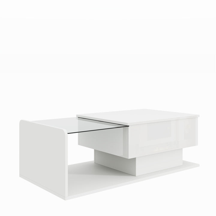 White high-gloss rectangular coffee table and LED lighting with glass top LUNG