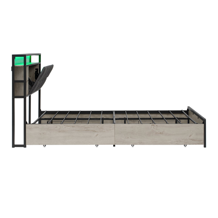 Grey metal double bed frame shelves with LED lighting (135x190cm) PHYTOSID