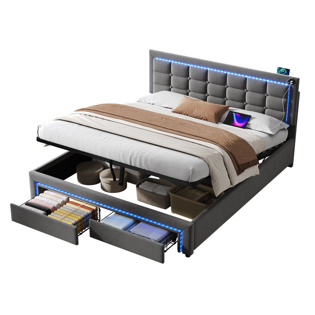 Grey velvet king size upholstered ottoman bed end opening with lighting LED headboard with 2 drawers (150cm*200cm) POLLINARI