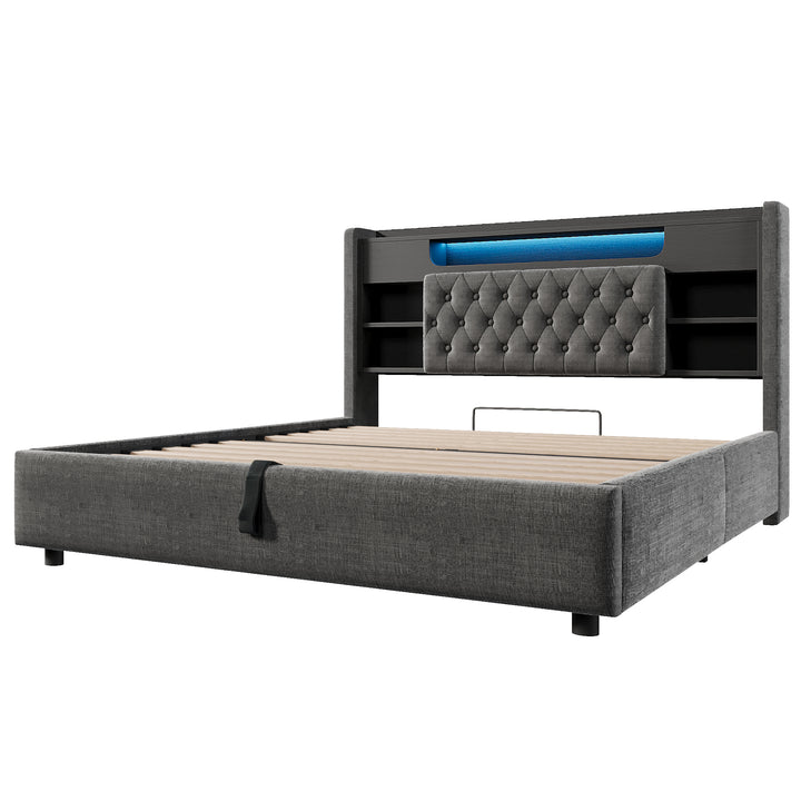 00+King Bed Frame 150 x 200 cm Grey Linen with Hydraulic Storage & LED Lights VANITYWALNUT