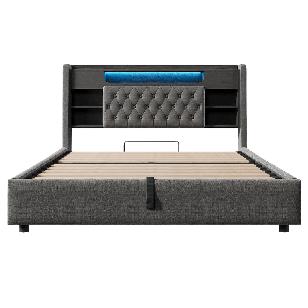 00+King Bed Frame 150 x 200 cm Grey Linen with Hydraulic Storage & LED Lights VANITYWALNUT