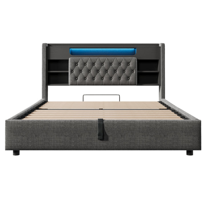 00+King Bed Frame 150 x 200 cm Grey Linen with Hydraulic Storage & LED Lights VANITYWALNUT