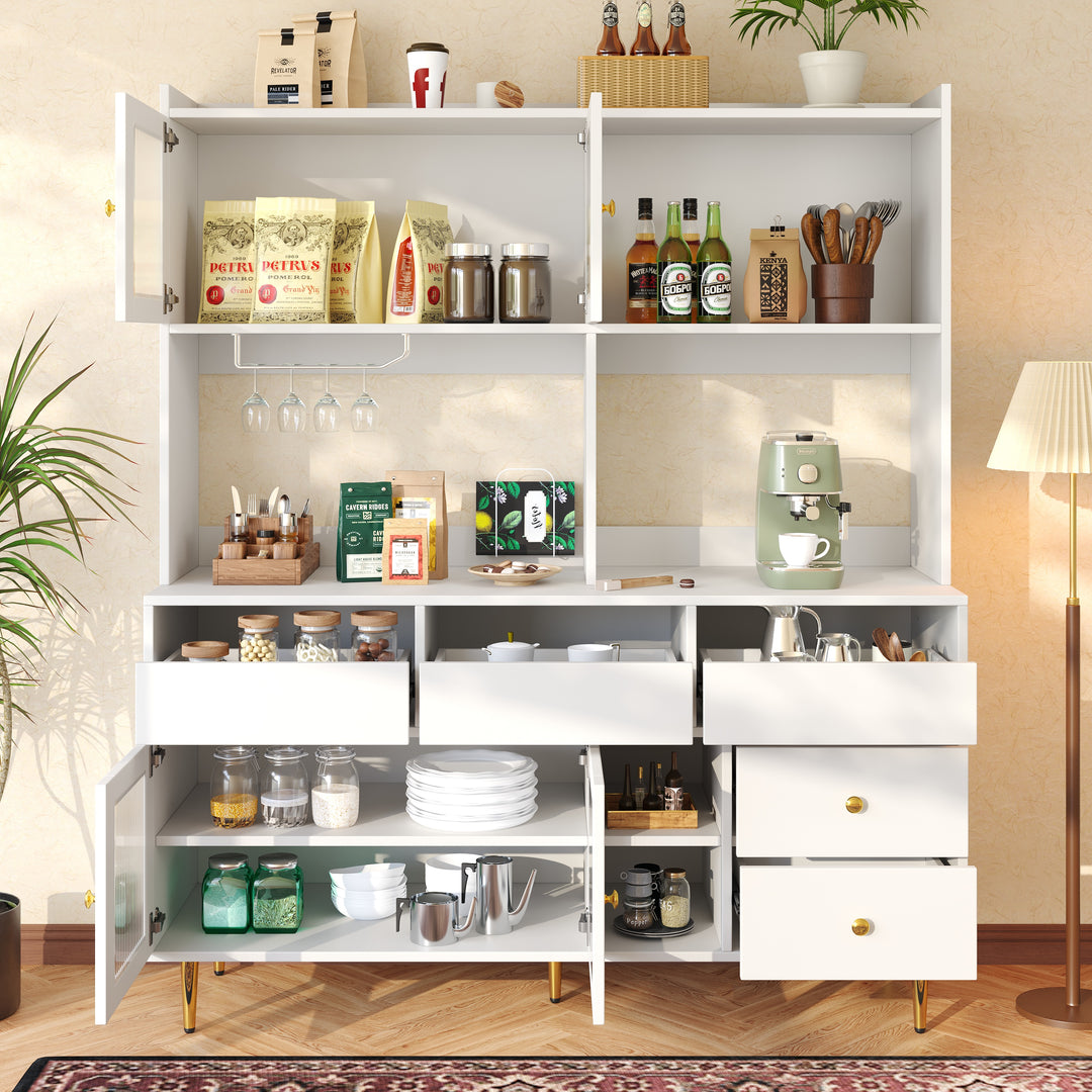 Modern white kitchen cabinet cupboard fluted glass doors, wine rack, and gold accents FROSTGLEN