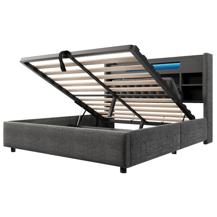 00+King Bed Frame 150 x 200 cm Grey Linen with Hydraulic Storage & LED Lights VANITYWALNUT