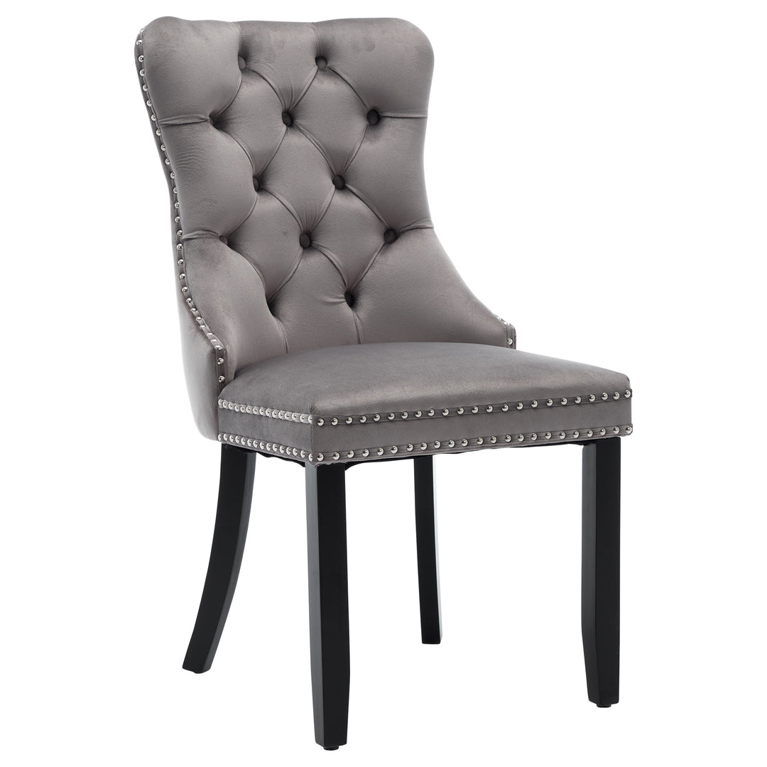 Set of 4 dining chairs velvet grey tufted with solid wood legs, nailheads and back chrome ring NOBLEE