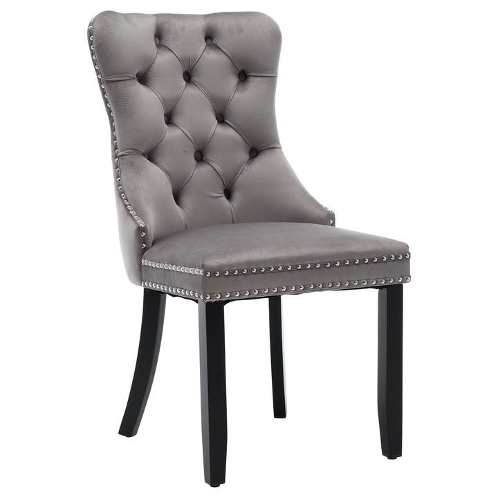 Set of 4 dining chairs velvet grey tufted with solid wood legs, nailheads and back chrome ring NOBLEE