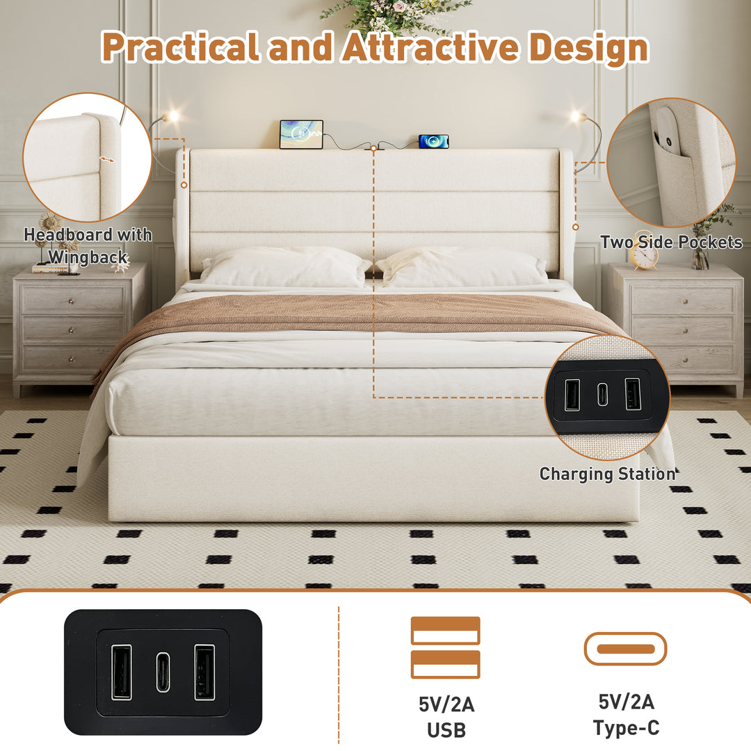 Beige linen upholstered king size divan bed with storage, lampe and charging station 150x200cm GRANULE UK
