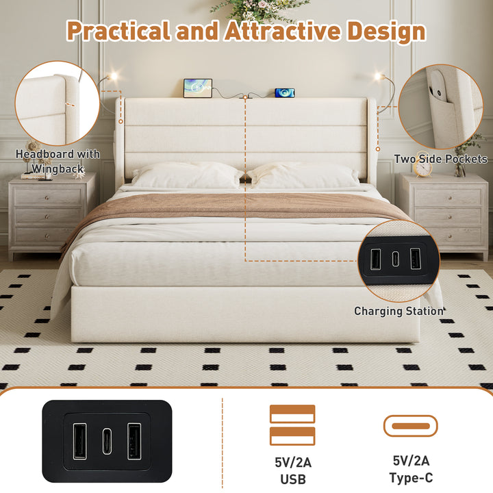 Beige linen upholstered king size divan bed with storage, lampe and charging station 150x200cm GRANULE UK