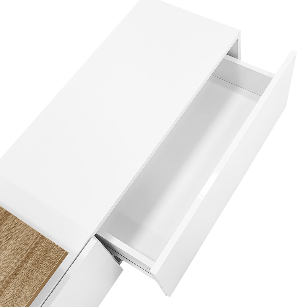 White hihg-gloss TV cabinet storage space, wood look, glass shelves, LED lighting MOLD