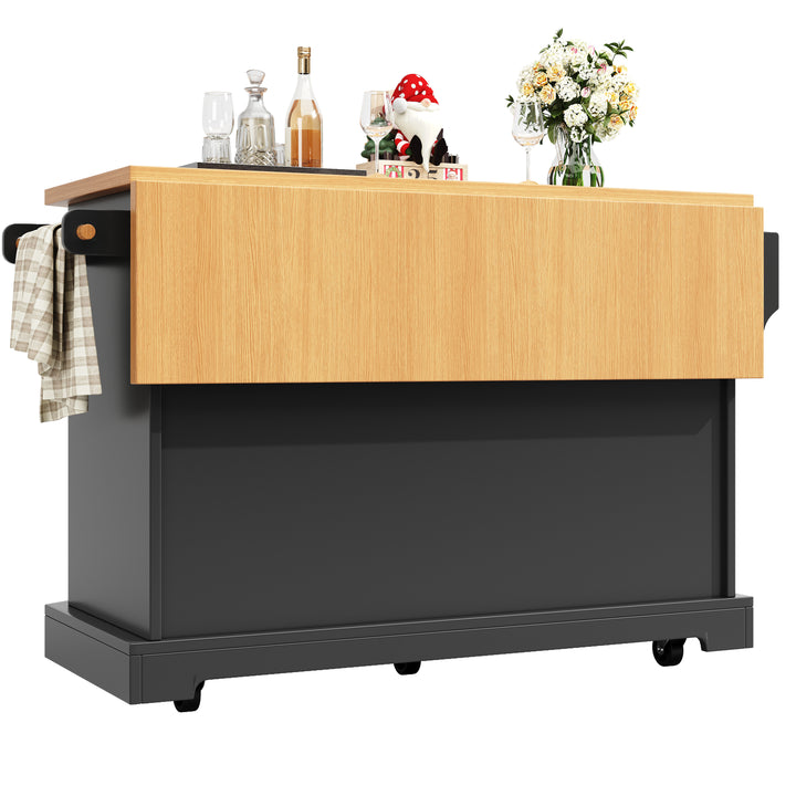Black Kitchen Island Cart on Wheels with 6 Drawers & Cabinet ARROWSCREEN