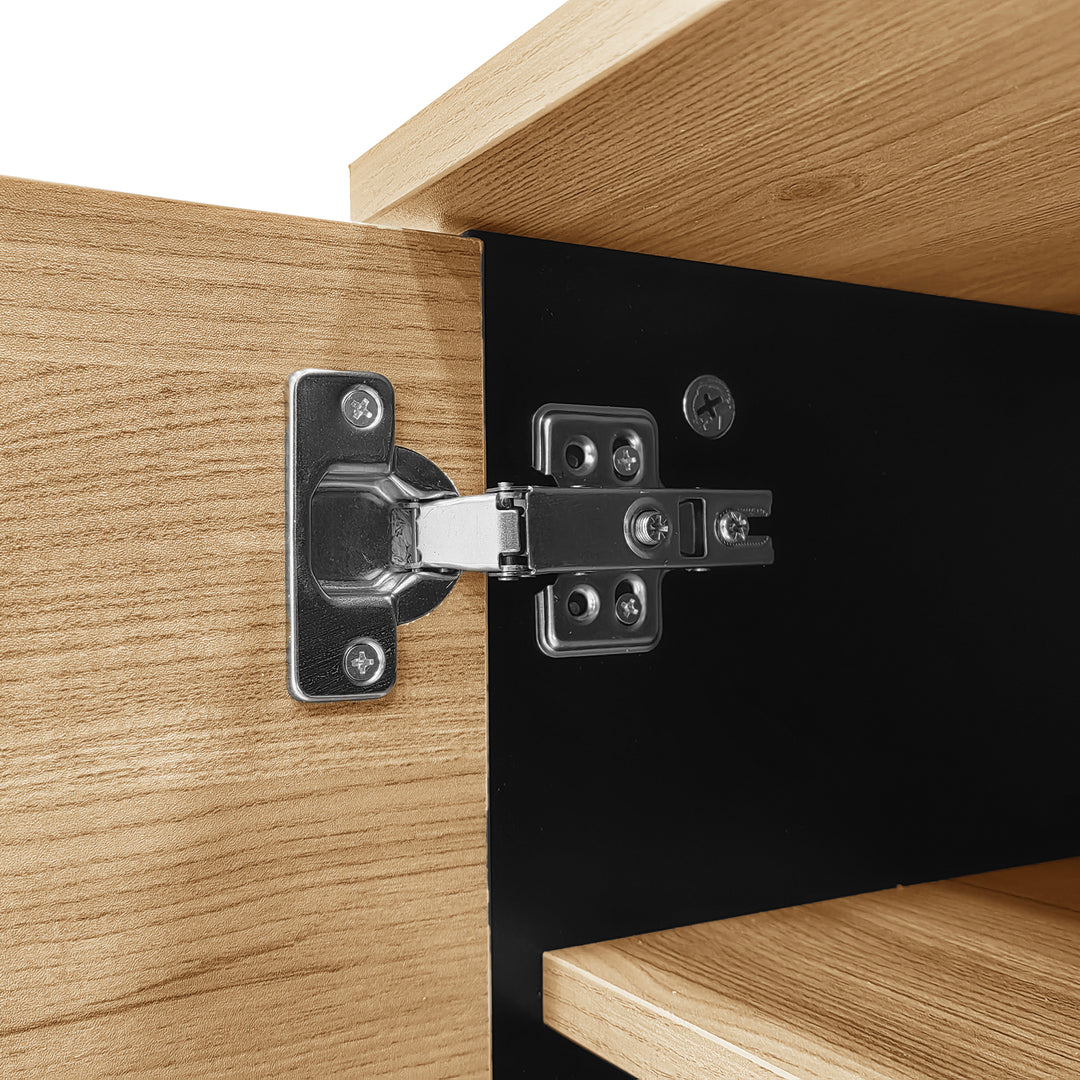 Modern wooden TV cabinet with drawer 2 doors with black slatted design SEEDLING