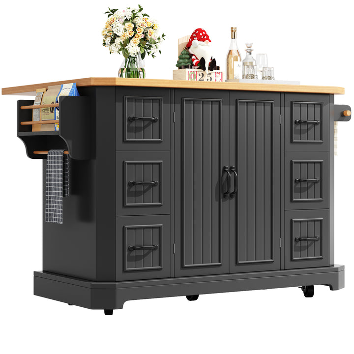 Black Kitchen Island Cart on Wheels with 6 Drawers & Cabinet ARROWSCREEN