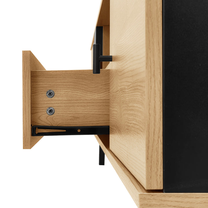 Modern wooden TV cabinet with drawer 2 doors with black slatted design SEEDLING