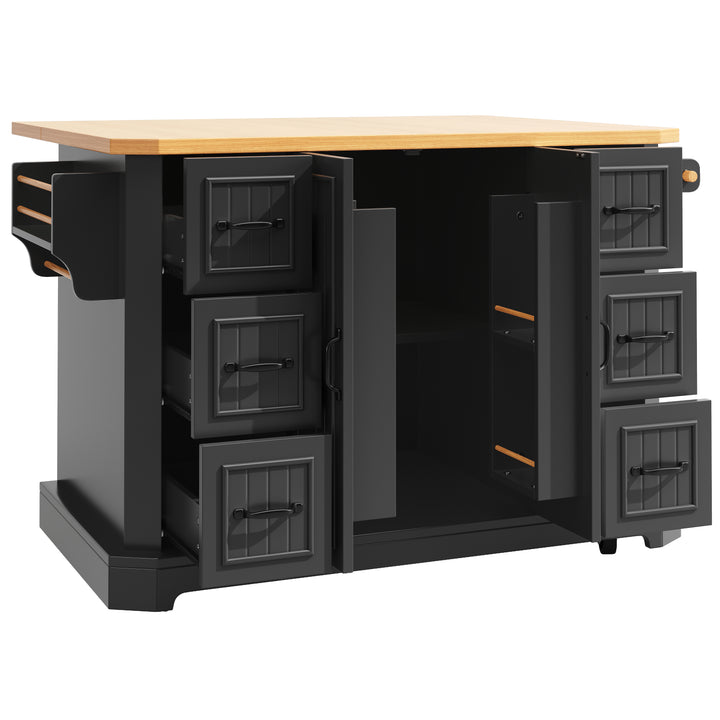 Black Kitchen Island Cart on Wheels with 6 Drawers & Cabinet ARROWSCREEN