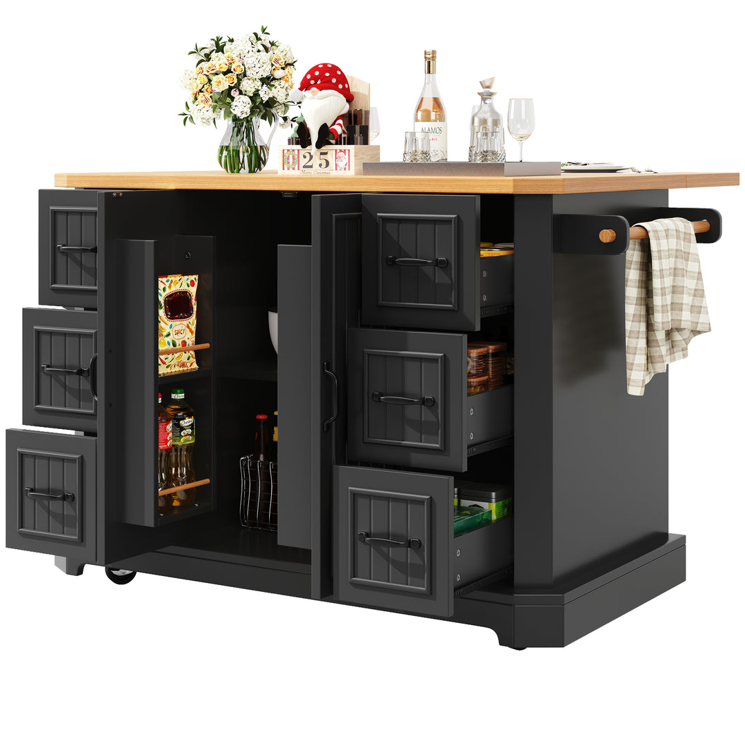 Black Kitchen Island Cart on Wheels with 6 Drawers & Cabinet ARROWSCREEN