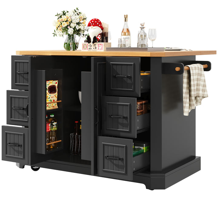 Black Kitchen Island Cart on Wheels with 6 Drawers & Cabinet ARROWSCREEN