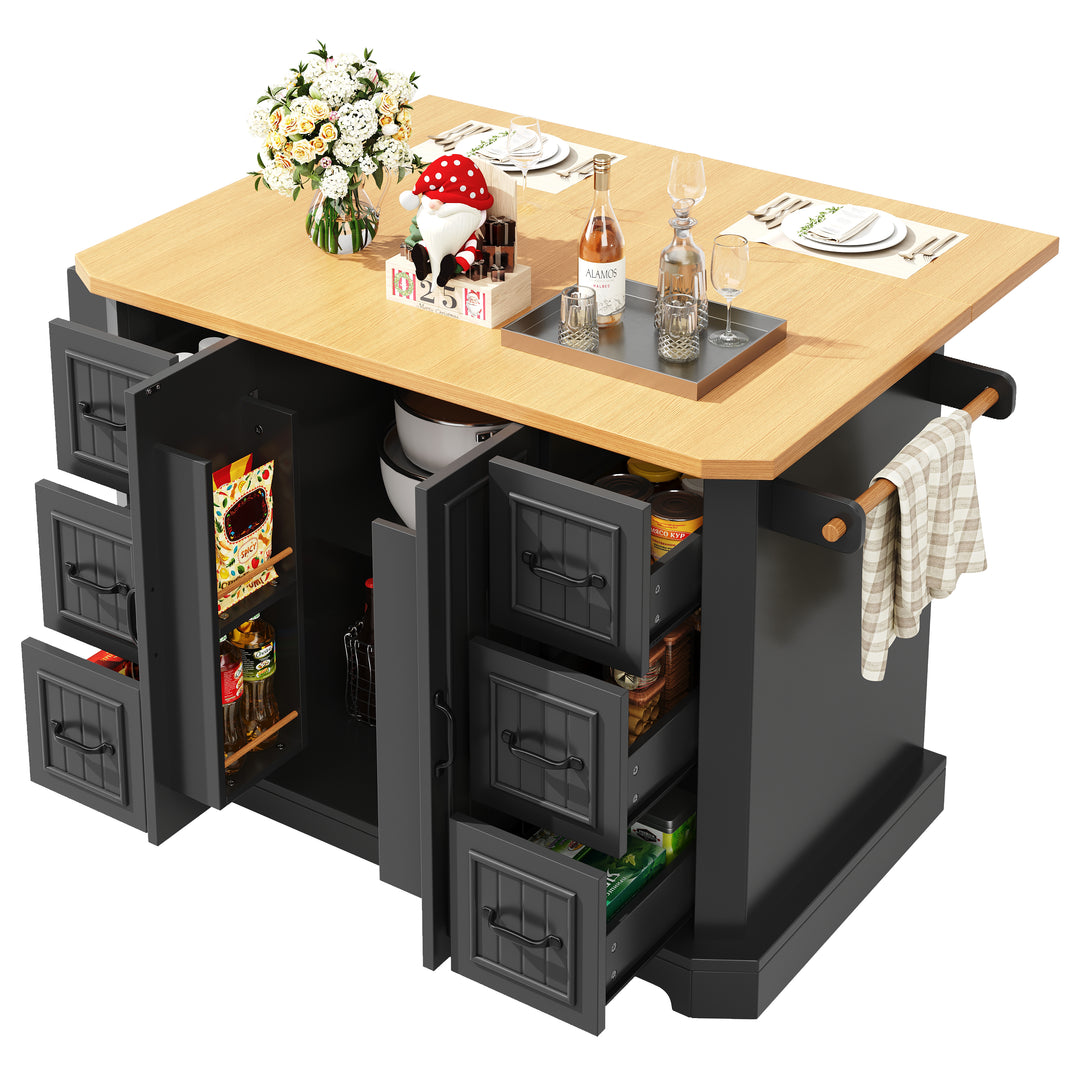 Black Kitchen Island Cart on Wheels with 6 Drawers & Cabinet ARROWSCREEN