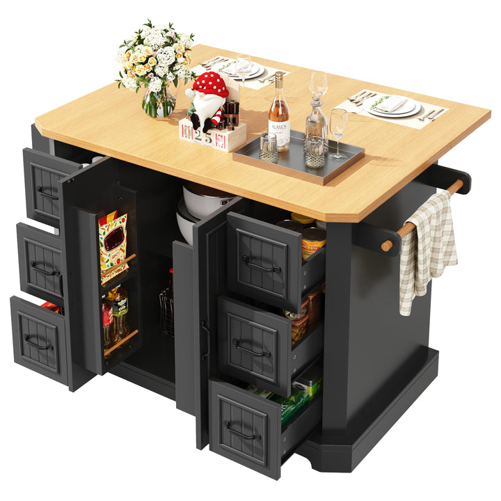 Black Kitchen Island Cart on Wheels with 6 Drawers & Cabinet ARROWSCREEN
