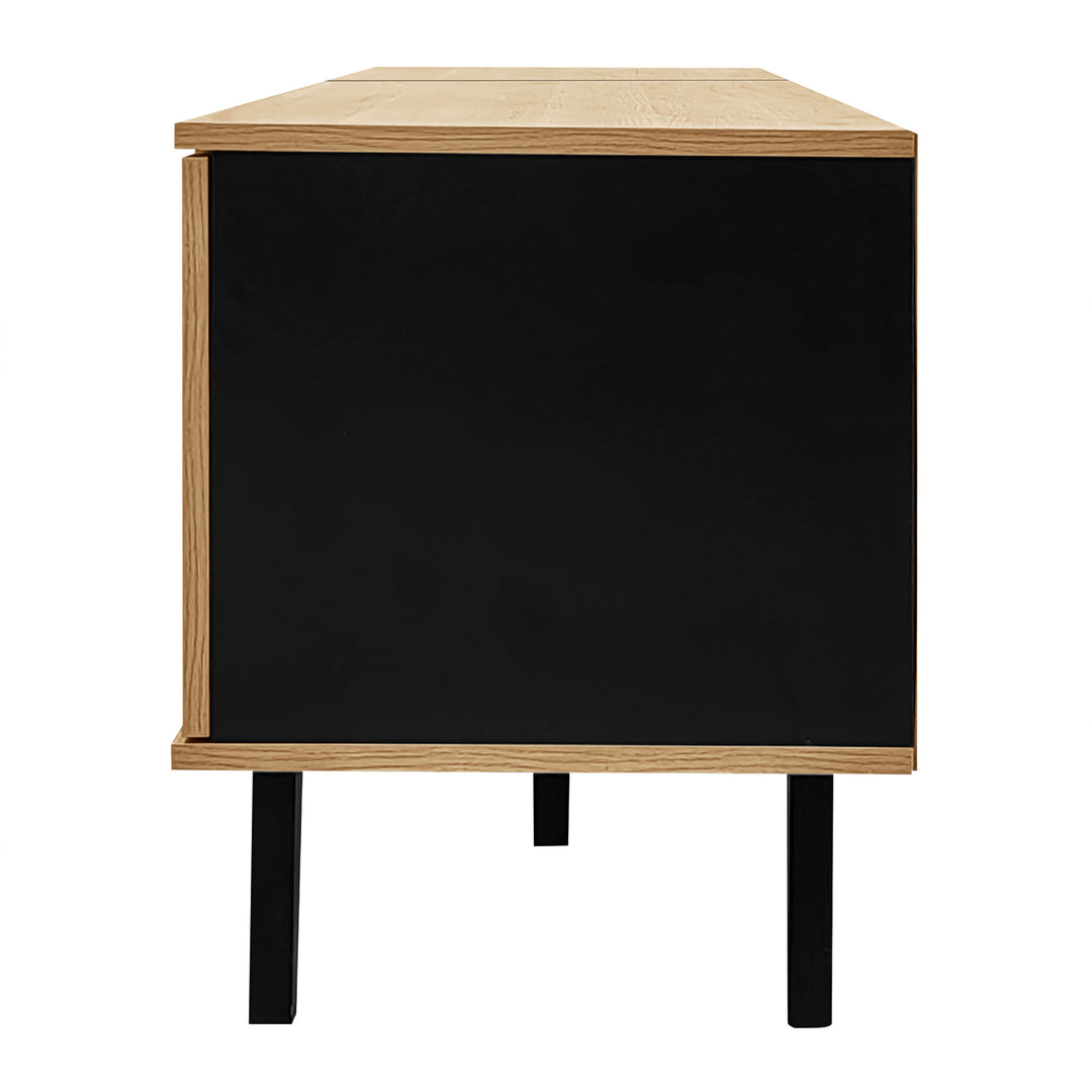 Modern wooden TV cabinet with drawer 2 doors with black slatted design SEEDLING