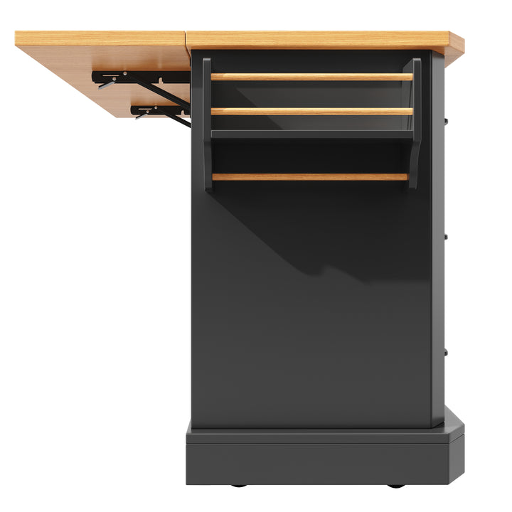 Black Kitchen Island Cart on Wheels with 6 Drawers & Cabinet ARROWSCREEN