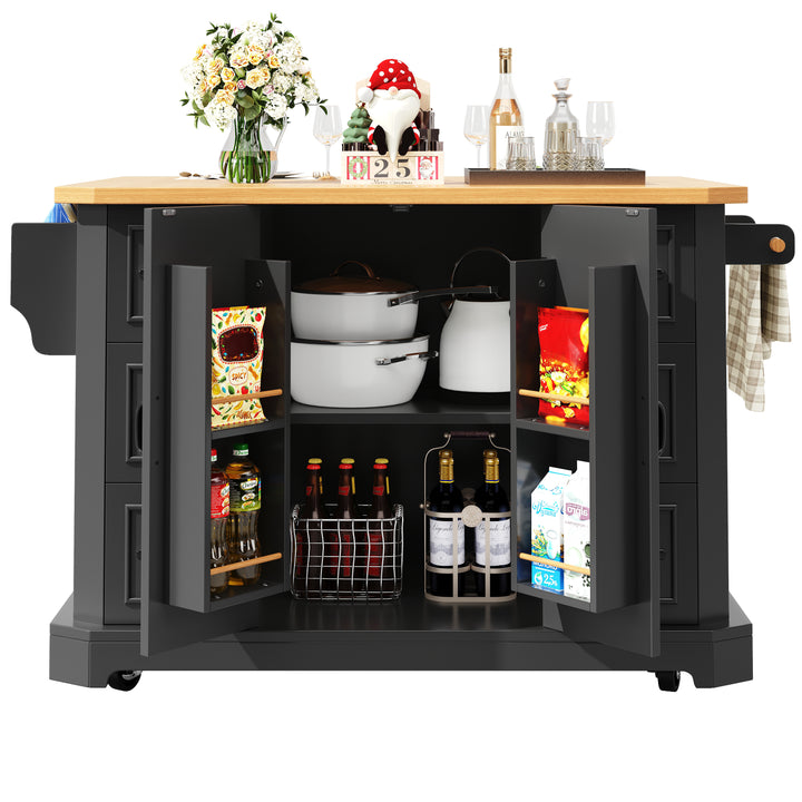 Black Kitchen Island Cart on Wheels with 6 Drawers & Cabinet ARROWSCREEN