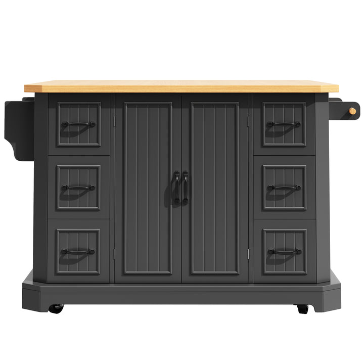 Black Kitchen Island Cart on Wheels with 6 Drawers & Cabinet ARROWSCREEN