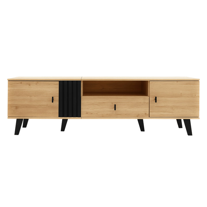 Modern wooden TV cabinet with drawer 2 doors with black slatted design SEEDLING