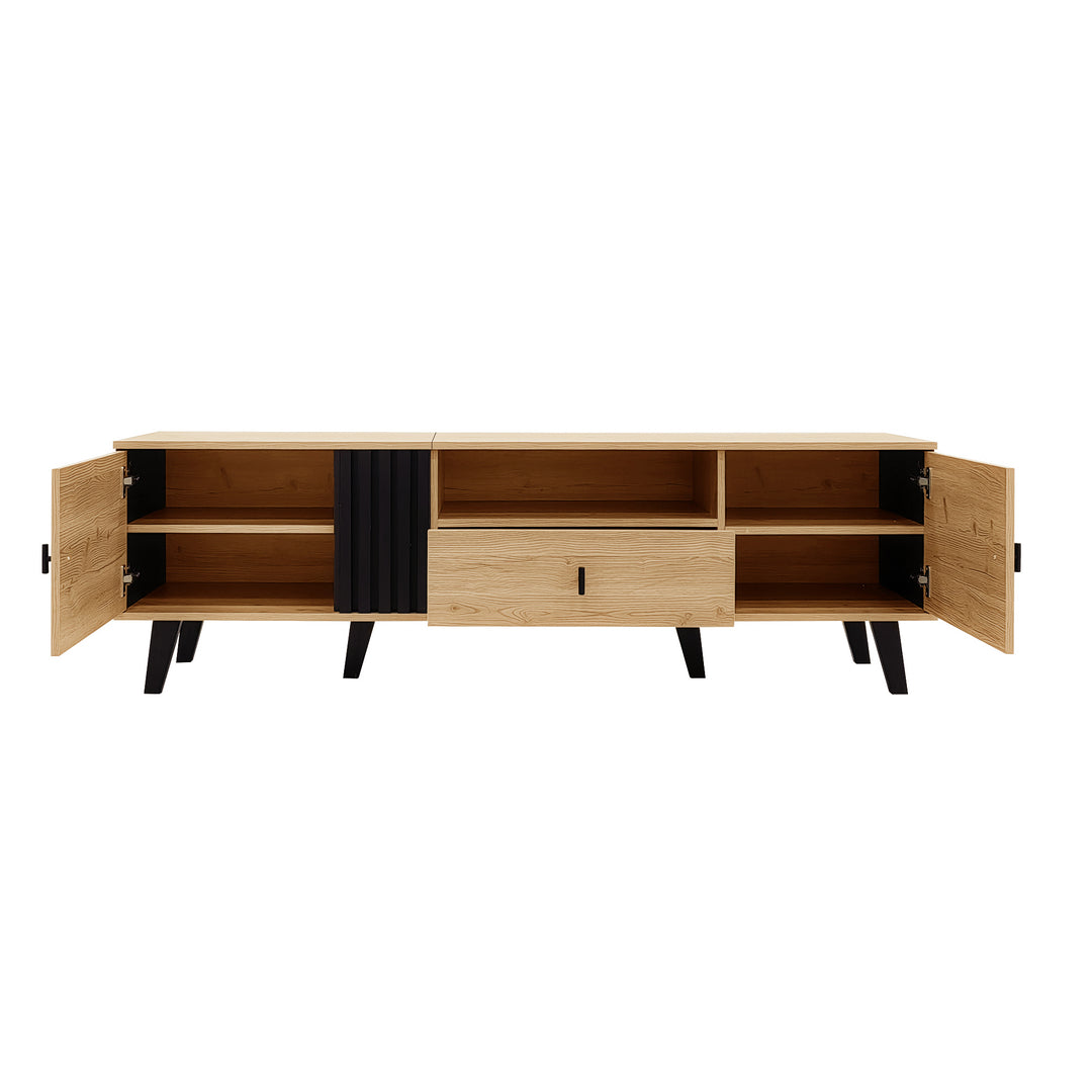 Modern wooden TV cabinet with drawer 2 doors with black slatted design SEEDLING