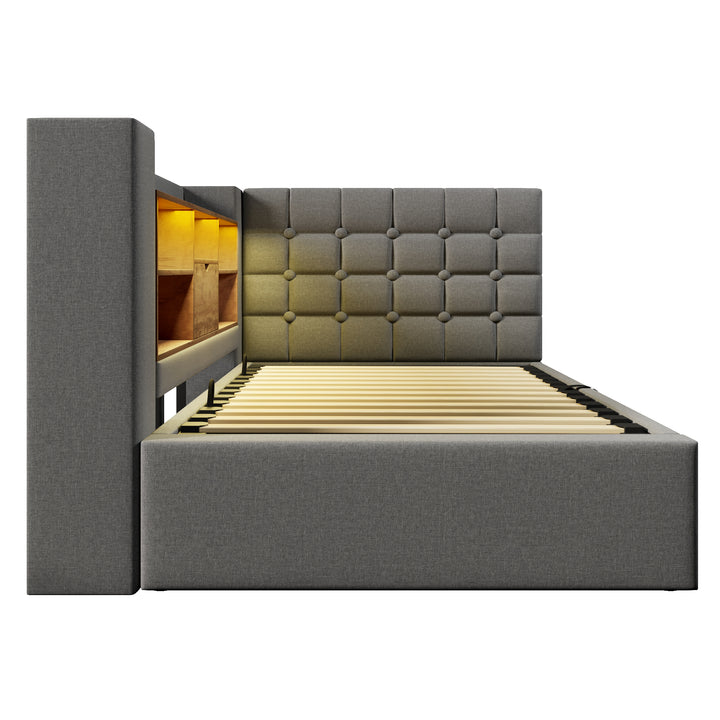 Single Daybed 3ft Grey Linen Upholstered Bed with Hydraulic Storage and LED Lights 90x190cm TRUNKMAX