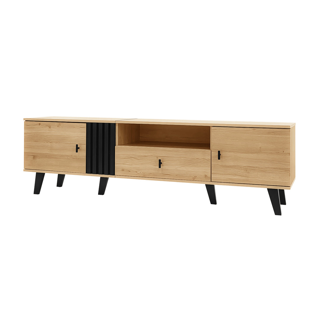 Modern wooden TV cabinet with drawer 2 doors with black slatted design SEEDLING